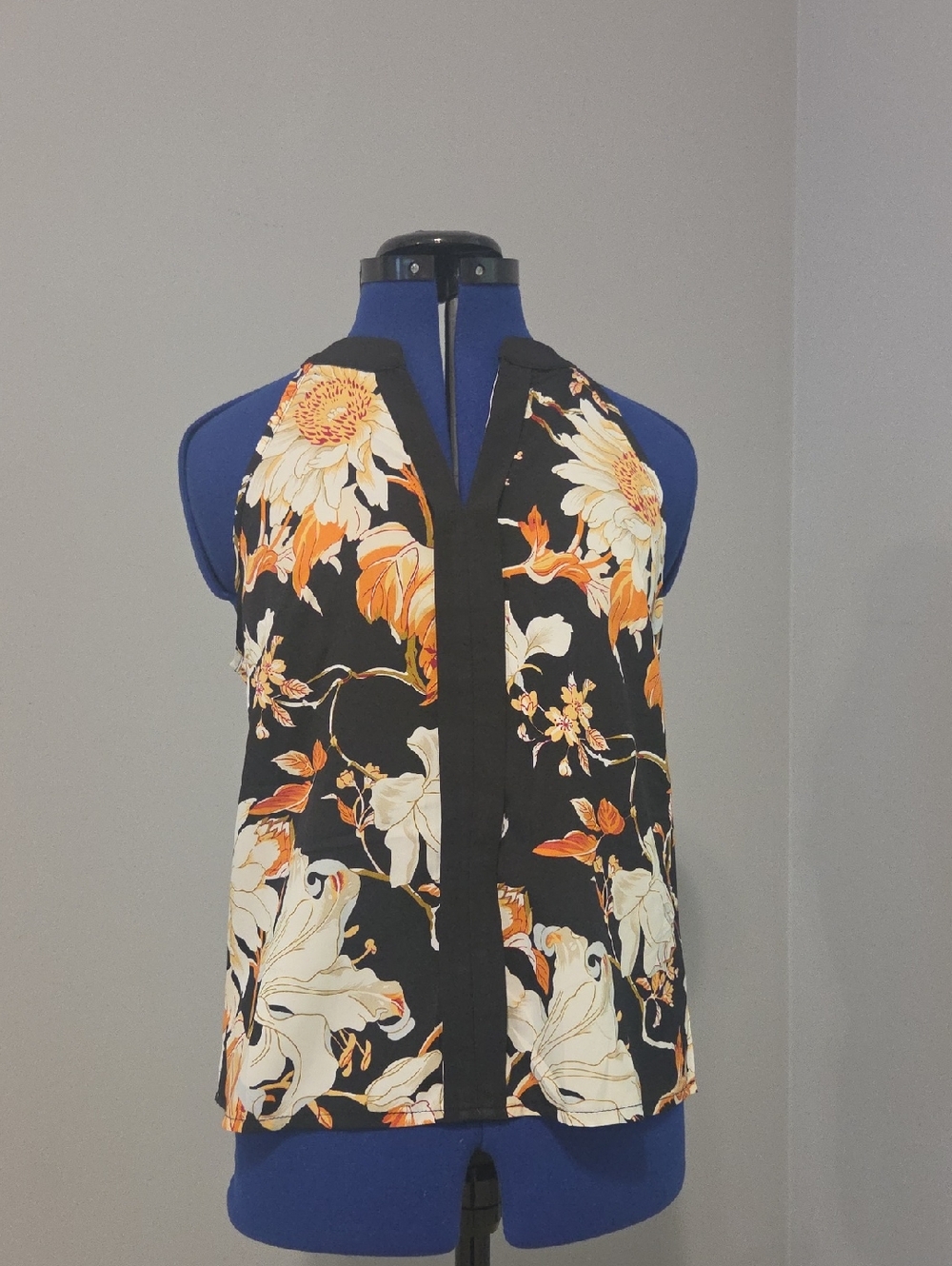 Sleeveless Black Floral Halter Top with Cream & Orange Blooms